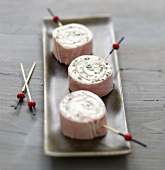 Fromage frais and ham rolled appetizers