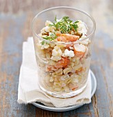 Wheat salad with prawns, nuts, cream cheese and surimi