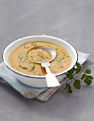 Cumin-flavored cream of orange lentil soup with fresh cilantro
