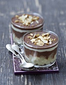 Pear and chocolate dessert sprinkled with thinly sliced almonds