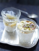 Rice pudding with caramel and pistachios