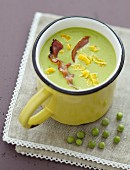 Cream of pea soup with Cheddar and English bacon