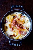 Pasta, boiled ham and thick cream cheese-topped casserole dish