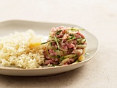 Veal, zucchini and confit lemon tartare with semolina