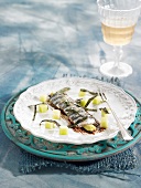 Fresh anchovies with avocado cream, diced honeydew melon and nori seaweed