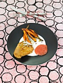 Seitan with grilled carrots, tapioca and tomato sauce
