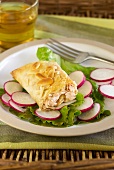 Salmon and almond flaky pastry pie on a bed of lettuce and sliced radishes
