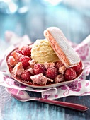 Raspberries with crumbled Biscuits roses de Reims and vanilla ice cream