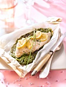 Chicken breast with watercress mousse cooked in wax paper