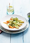 White asparagus with smoked salmon and herbs