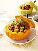 Spicy beef and pumpkin stew served in a pumpkin shell