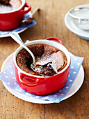 Runny chocolate pudding cooked in a small casserole dish