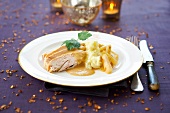 Poularde hen breast in whisky sauce, roasted salsifies and mashed potatoes