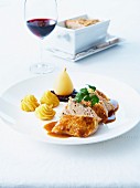 Chicken supreme duo with gravy,Duchesse potatoes,poached pears and cherry jam