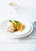 Poulard hen breast in whisky sauce,roasted salsifies and mashed potatoes