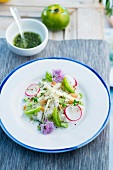 Cod tartare with radishes,green apple and tomato,edible flowers and virgin sauce