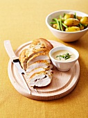 Free-range chicken breast with creamy mushroom and tarragon sauce,potatoes and green beans