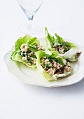 Potted rabbit with fresh herbs served in lettuce leaves
