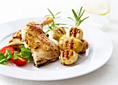 Chicken marinated in lemon and grilled ,Grenaille potato rosemary brochettes