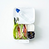 Chicken-vegetable sandwich,yoghurt,grapes and a bottle of water