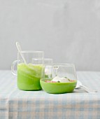 Pea cappuccino with diced bacon