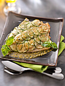 Sea bream fillets with zucchini scales  and pesto
