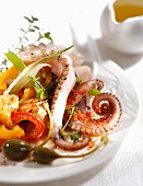 Oktopussalat mit Paprika, Kapern und scharfer Sauce