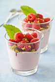 Raspberry mousse with crushed pistachios