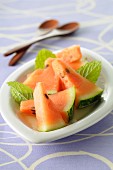 Watermelon fruit salad with lime blossom syrup