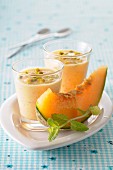 Melon and honey cream desserts with crushed pistachios