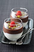 Whipped Fromage blanc with melted chocolate,crushed pistachios and raspberries