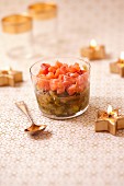 Orange and salmon tartare with simmered leeks with ginger
