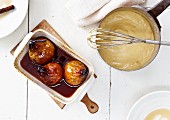Oven-roasted, caramelised pears with creme anglaise