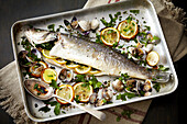 Oven-baked sea bream with lemon,parsley and littleneck clams