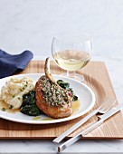 Veal chop,stewed spinach and celeriac mash