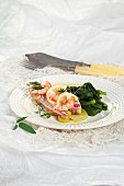 Mullet fillet with shrimps and steawed spinach