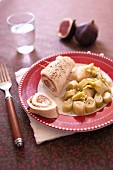 Turkey fillet and fig roll,stewed leeks