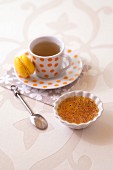 Small lemon Crème brûlée and a cup of tea