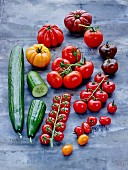 Various tomatoes and cucumber