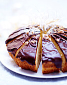Moist vanilla cake with chocolate coating