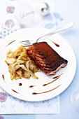 Thick piece of pollock with cocoa, stewed chicory and balsamic gravy