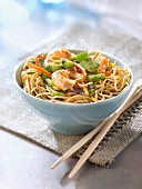 Sauteed noodles with vegetables and shrimps