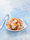 Hake Ceviche with tomato, orange and green asparagus slices
