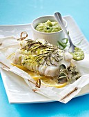 Piece of cod cooked in wax paper,lettuce puree