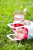 Paper cones of nougat in the grass outdoors