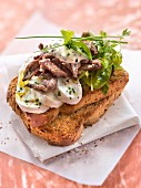 mozzarella,beef,basil and chive cream on toast