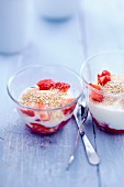 Yoghurt with wheat germs,stewed rhubarb and strawberries