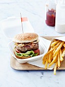 Homemade hamburger and French fries