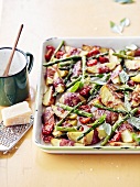 Oven-baked mixed vegetables with bacon