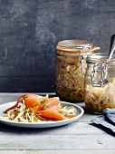 Marinated white cabbage salad with smoked salmon and dill